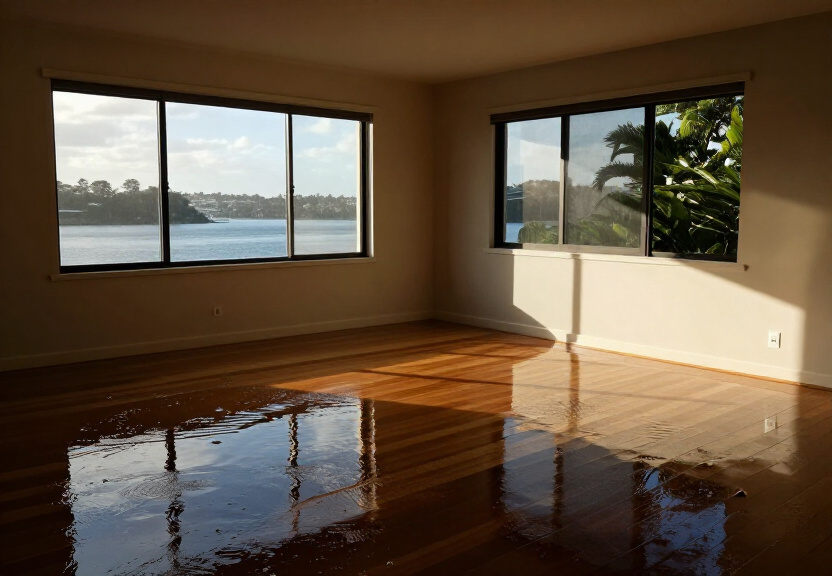 Flood-damaged living room in Duffys Forest before restoration